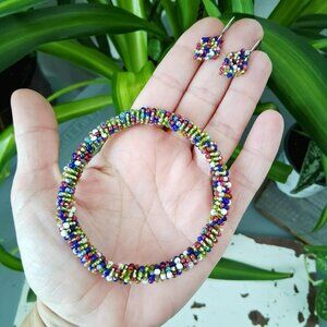 Bead soup beaded rope bangle bracelet & earring set